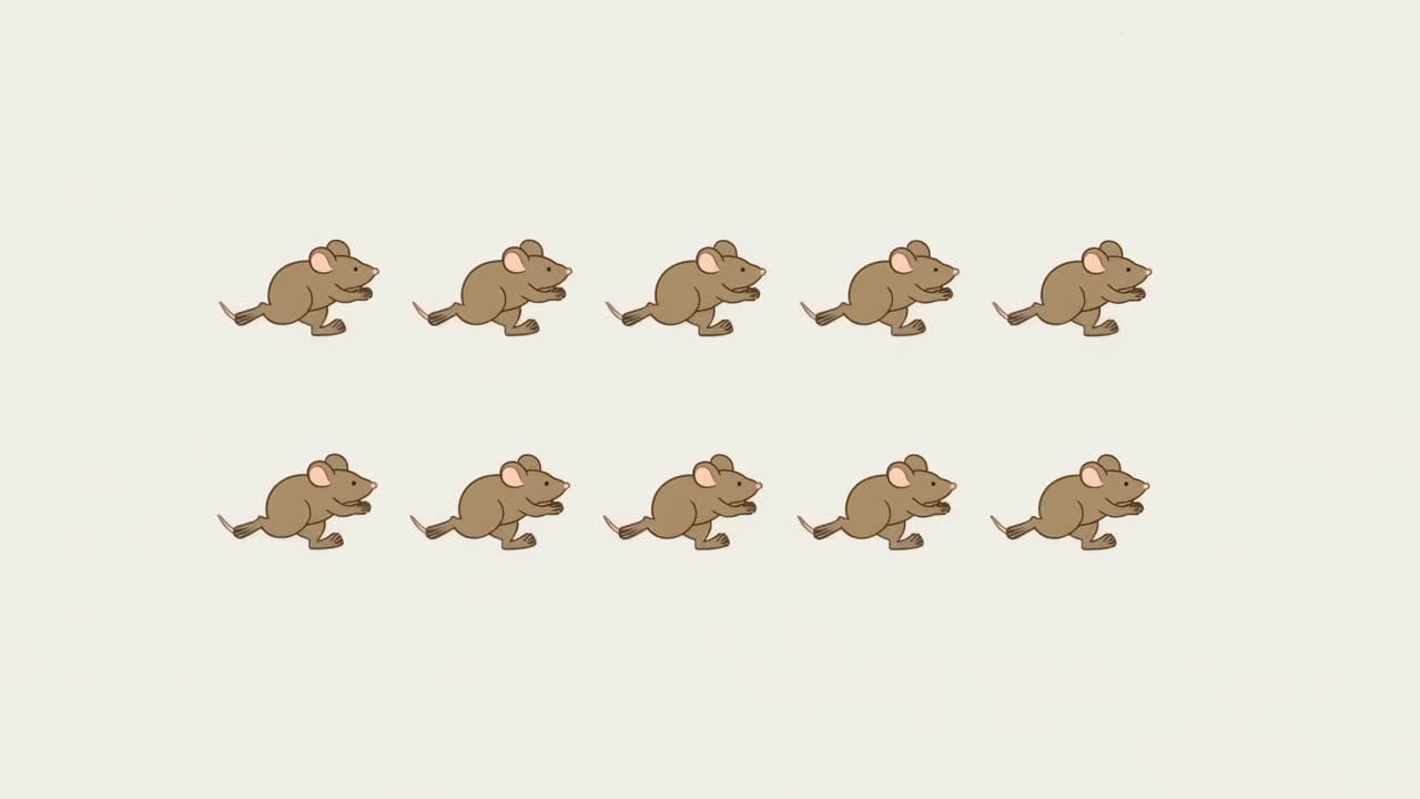 Topi dei cartoni animati che corrono sul posto su uno sfondo semplice.