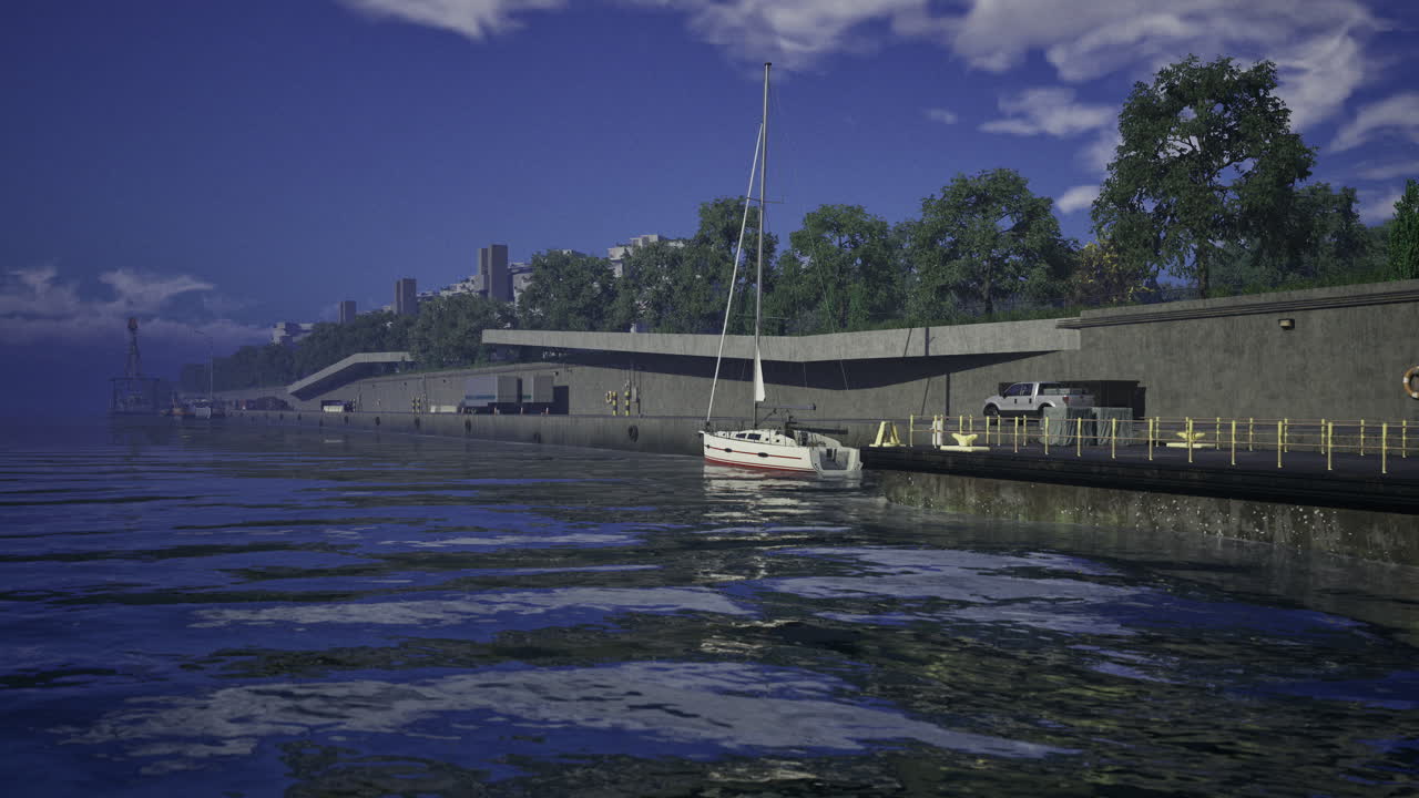 A sailboat docked at a pier on a waterfront city