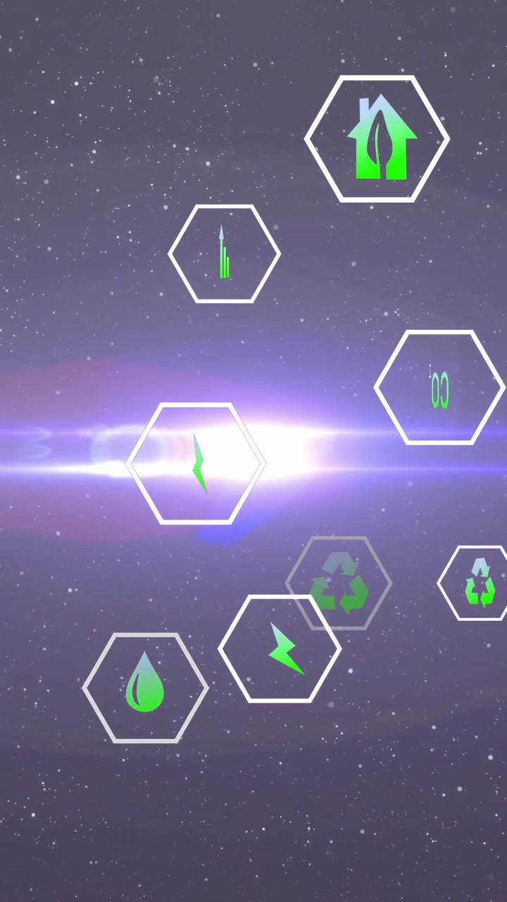 Icone esagonali che si muovono verso l'interno mentre un bagliore dell'obiettivo si intensifica, visualizzando metriche di energia e sostenibilità.