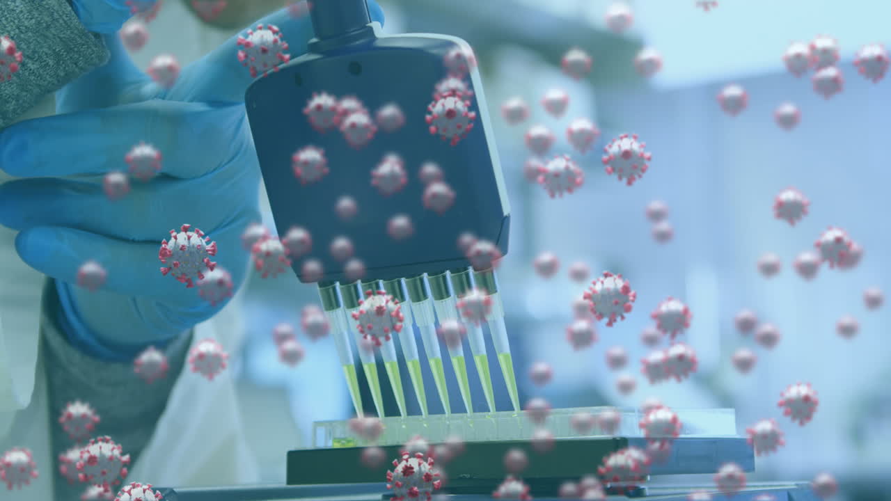 실험실의 장비로 실험하는 과학자의 손으로 코로나 세포의 애니메이션