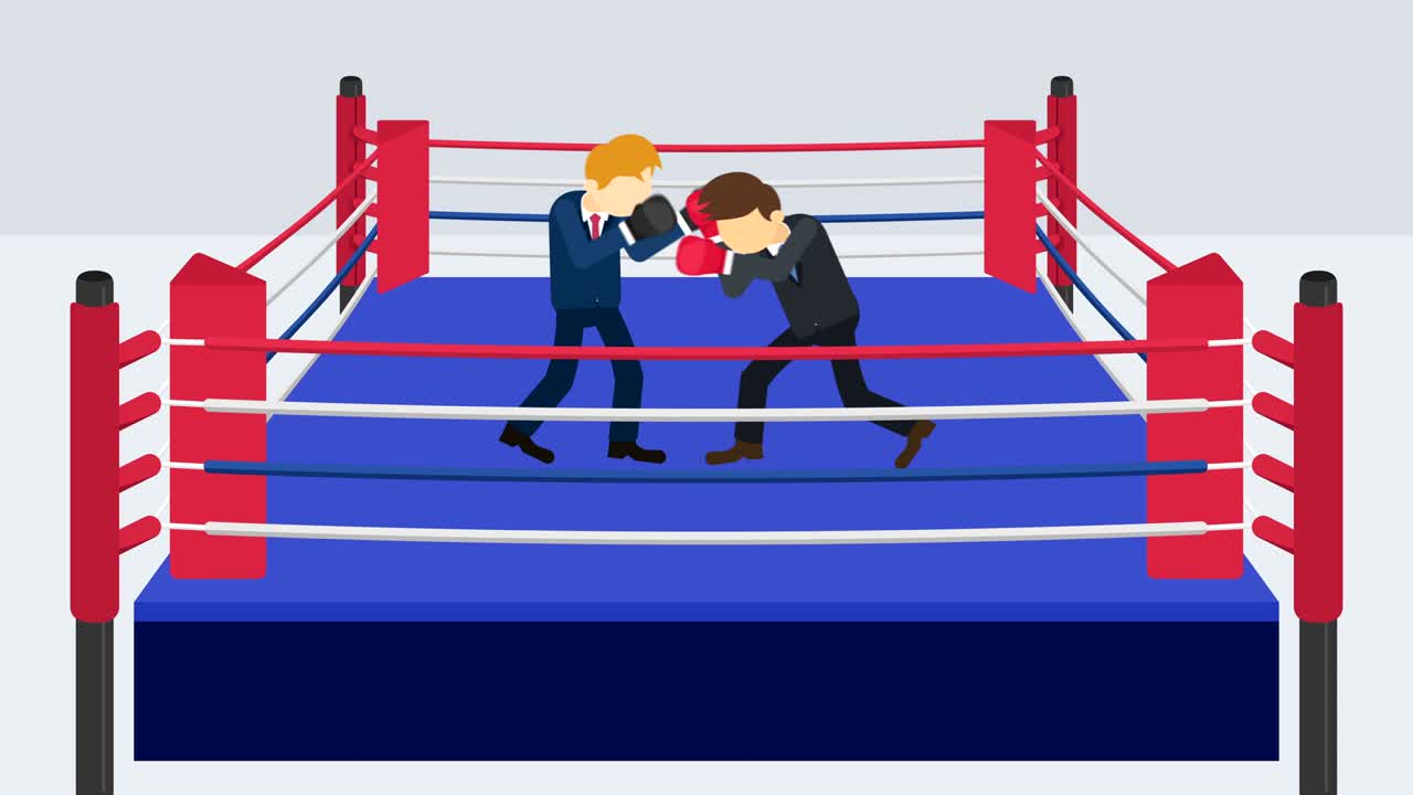 la batalla del hombre de negocios en guantes de boxeo. concepto de competencia de negocios. ilustración de bucle en estilo plano.