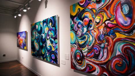 vibrant abstract paintings in a modern art gallery