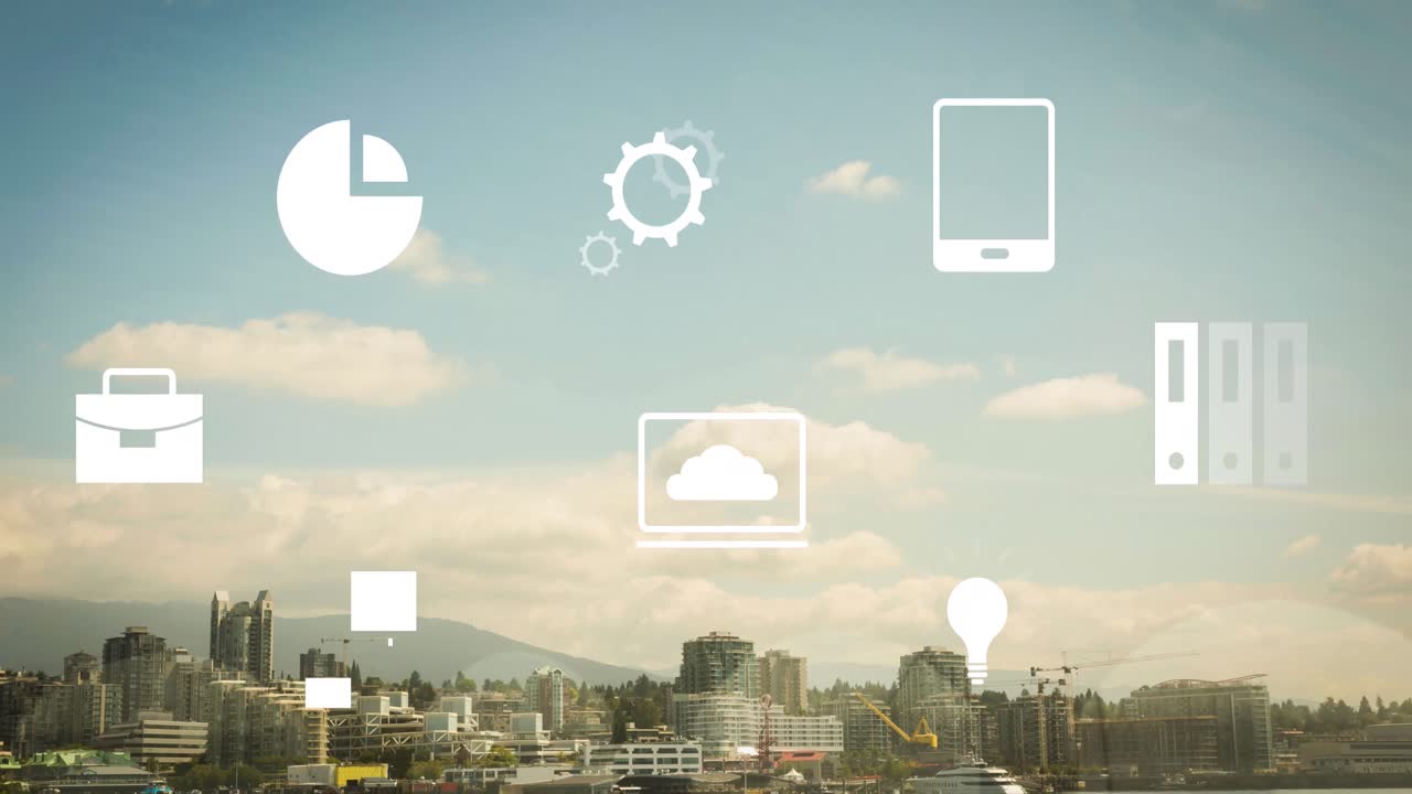 Animation of multiple icons over over modern city against mountain and cloudy sky