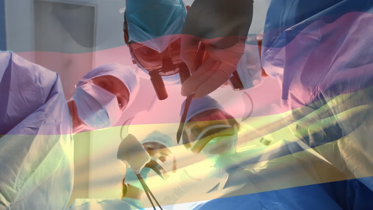 animación de la bandera de alemania ondeando sobre los cirujanos en el quirófano