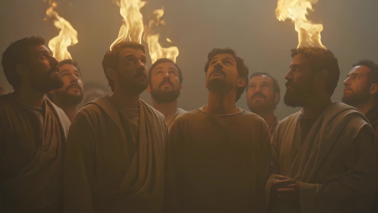 Tilting men in robes gazing in smoky room, bright spots becoming flames above heads during ritual