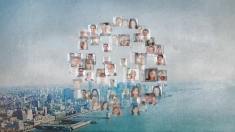 animation of network of connections with people icons over cityscape