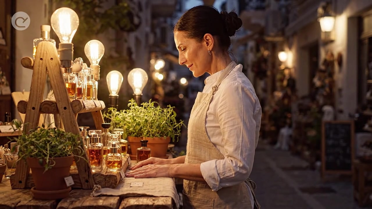 Caldo bagliore di creatività: una donna che interagisce con bottiglie profumate in un'illuminazione soffusa e un'atmosfera accogliente in un affascinante mercato all'aperto.