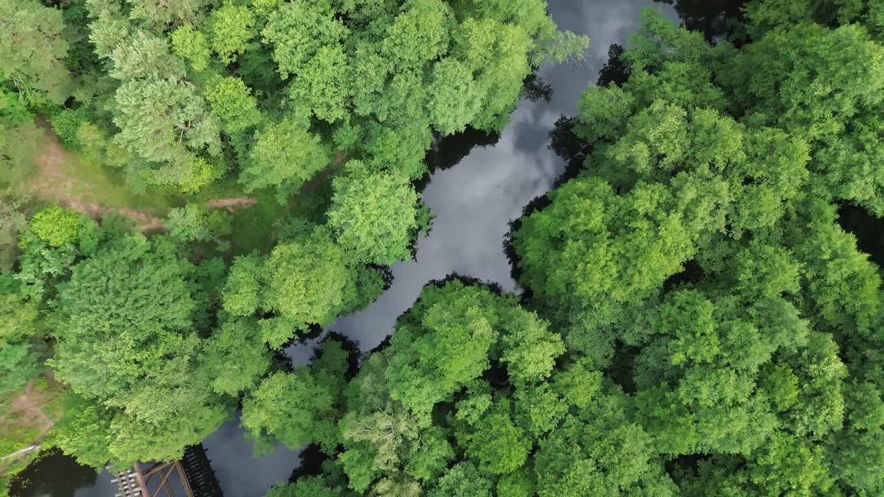 viejo majestuoso puente de acero olvidado en el bosque sobre el río ángel aéreo alto