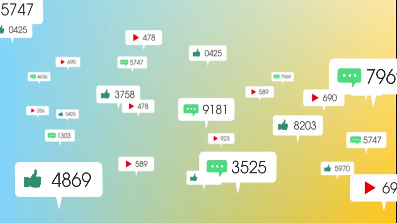 노란색과 파란색 그라디언트 배경에 떠다니는 소셜 미디어 아이콘의 애니메이션