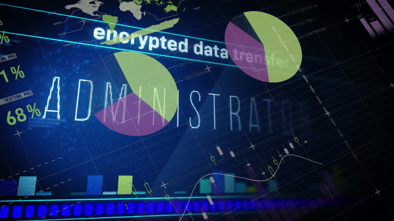 Financial data and encrypted data transfer animation over graphs and charts