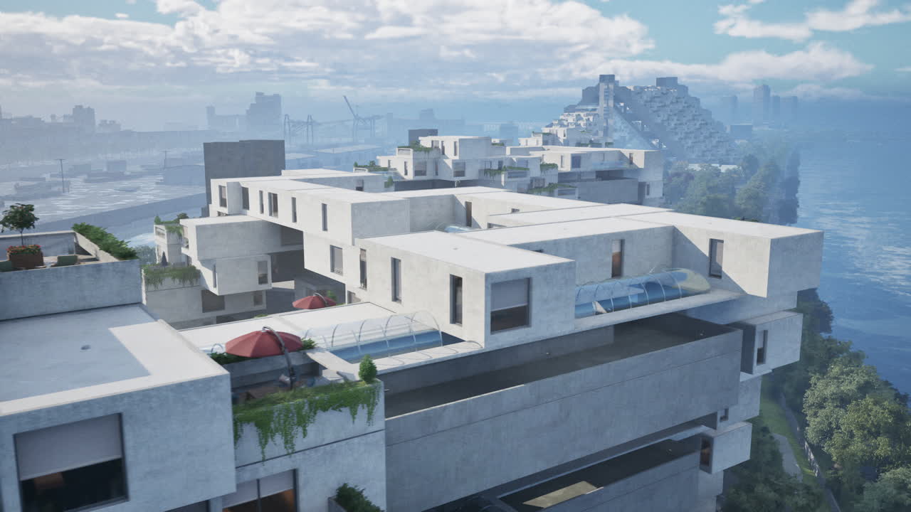 도시와 바다를 볼 수 있는 현대 건축 건물