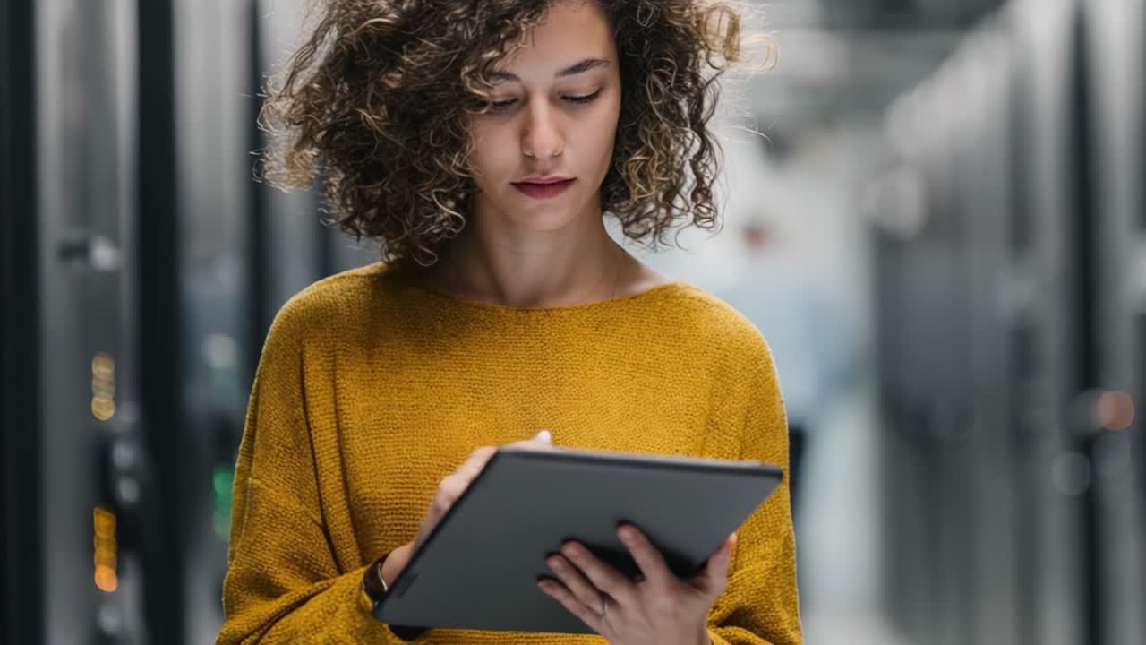 Soustředěný technik analyzující data na tabletu v serverovně, obklopený stojany s vybavením, prokazující odbornost v informačních technologiích.