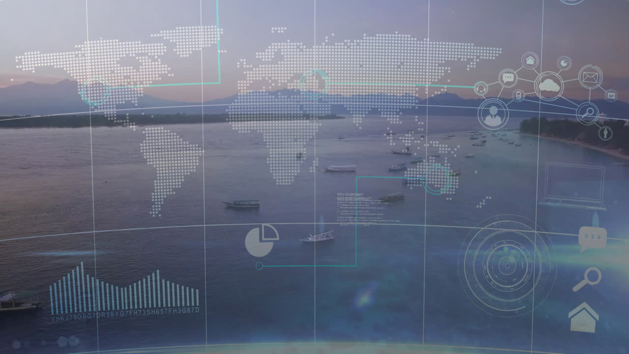 세계 지도 및 데이터 분석: 보트와 함께 해안 풍경에 대한 애니메이션