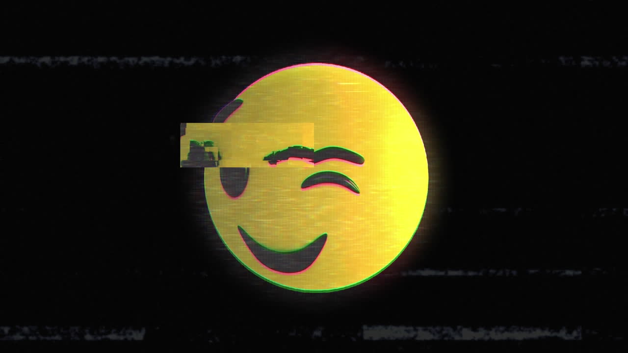 Digital animation of glitch effect over winking face emoji against black background