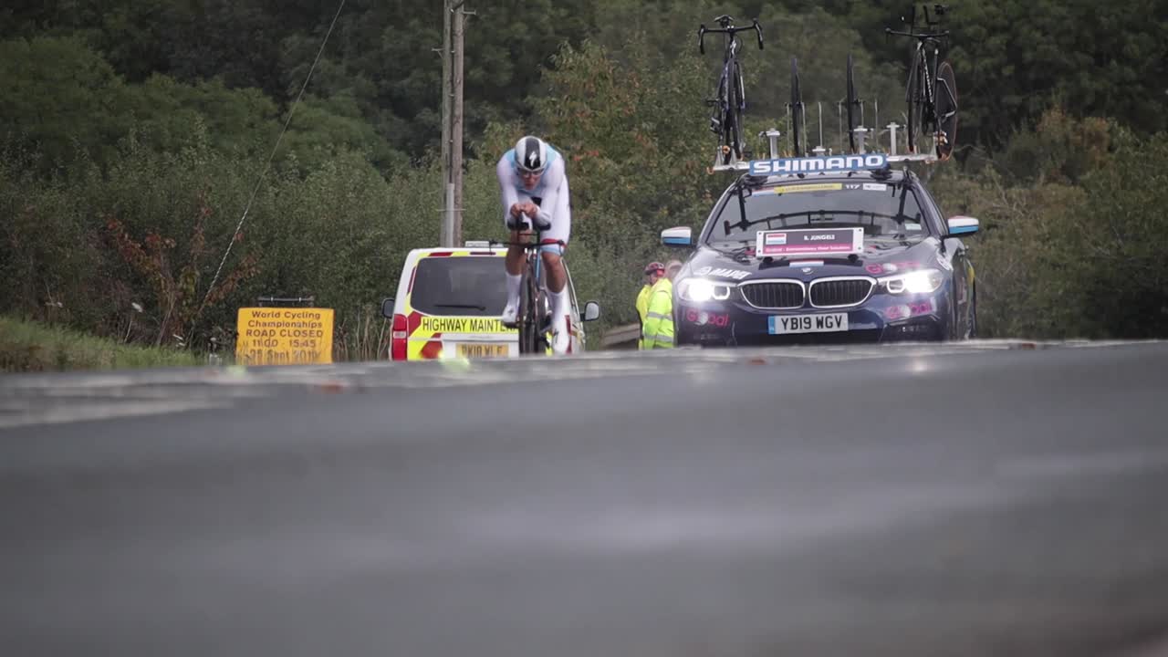 Northallerton, Yorkshire, UK, 25th September 2019 - UCI Men's Elite Individual Time Trial, Road World Championships - Riders on the road 3km from the start