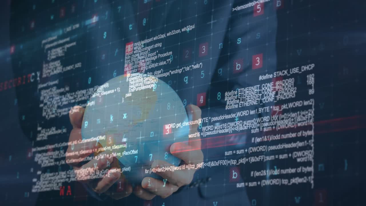 animación de procesamiento de datos sobre un hombre de negocios sosteniendo un globo terrestre sobre un fondo azul