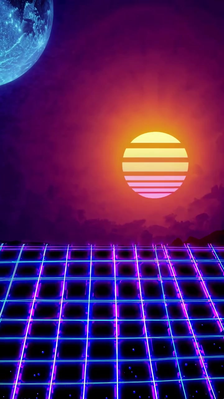 Paesaggio retro synthwave con sole e luna luminosi