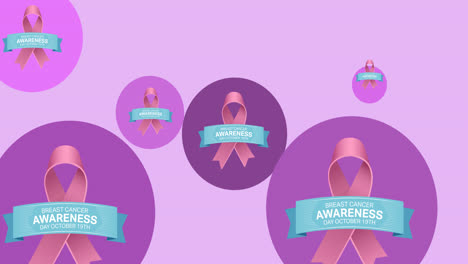 animation of multiple pink ribbon logo and breast cancer text appearing on pink background