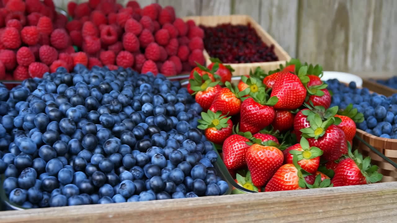 A vibrant display of fresh blueberries, raspberries, and strawberries
