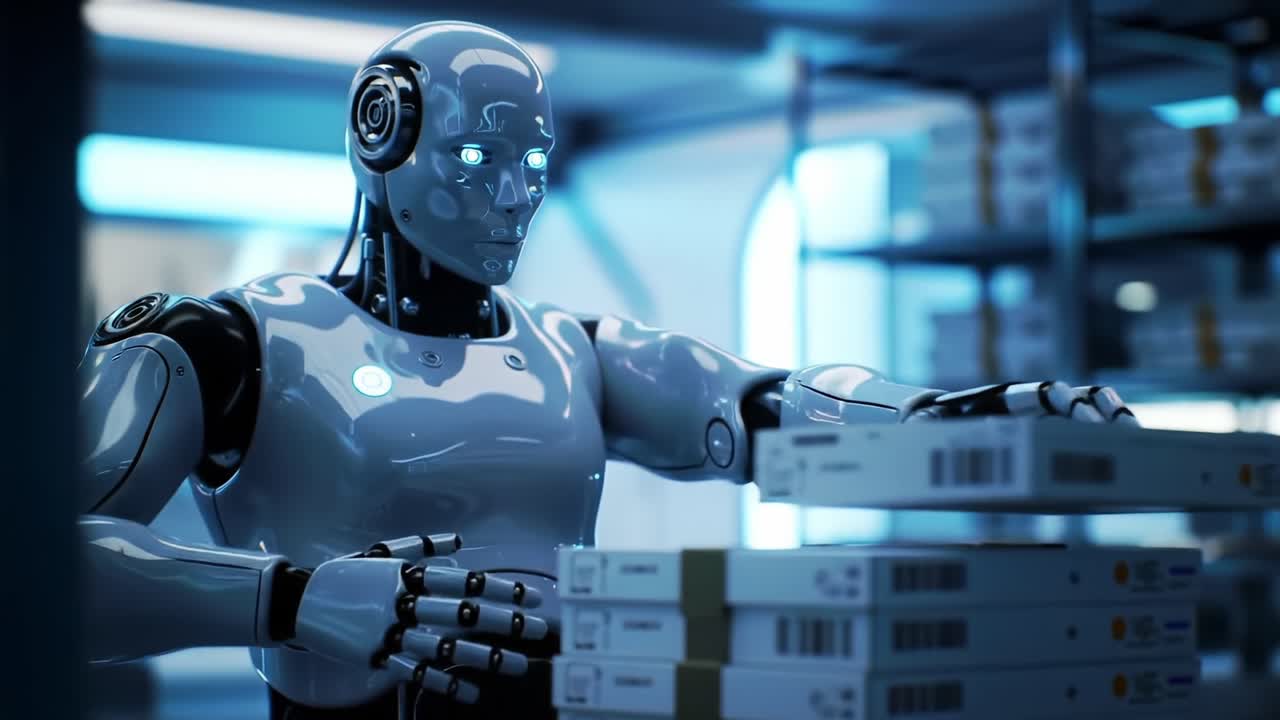 Advanced Robotic Automation in a Modern Warehouse Setting: A Futuristic Robot Organizing and Handling Packages in a High-Tech Environment