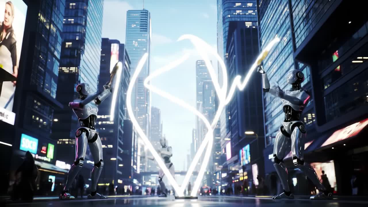 In a vibrant cityscape, advanced robots perform a captivating light show, creating intricate designs against a backdrop of towering skyscrapers. The event showcases technology and artistry.