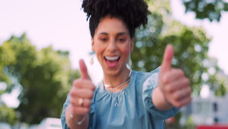 Face,-black-woman-and-thumbs-up-in-nature