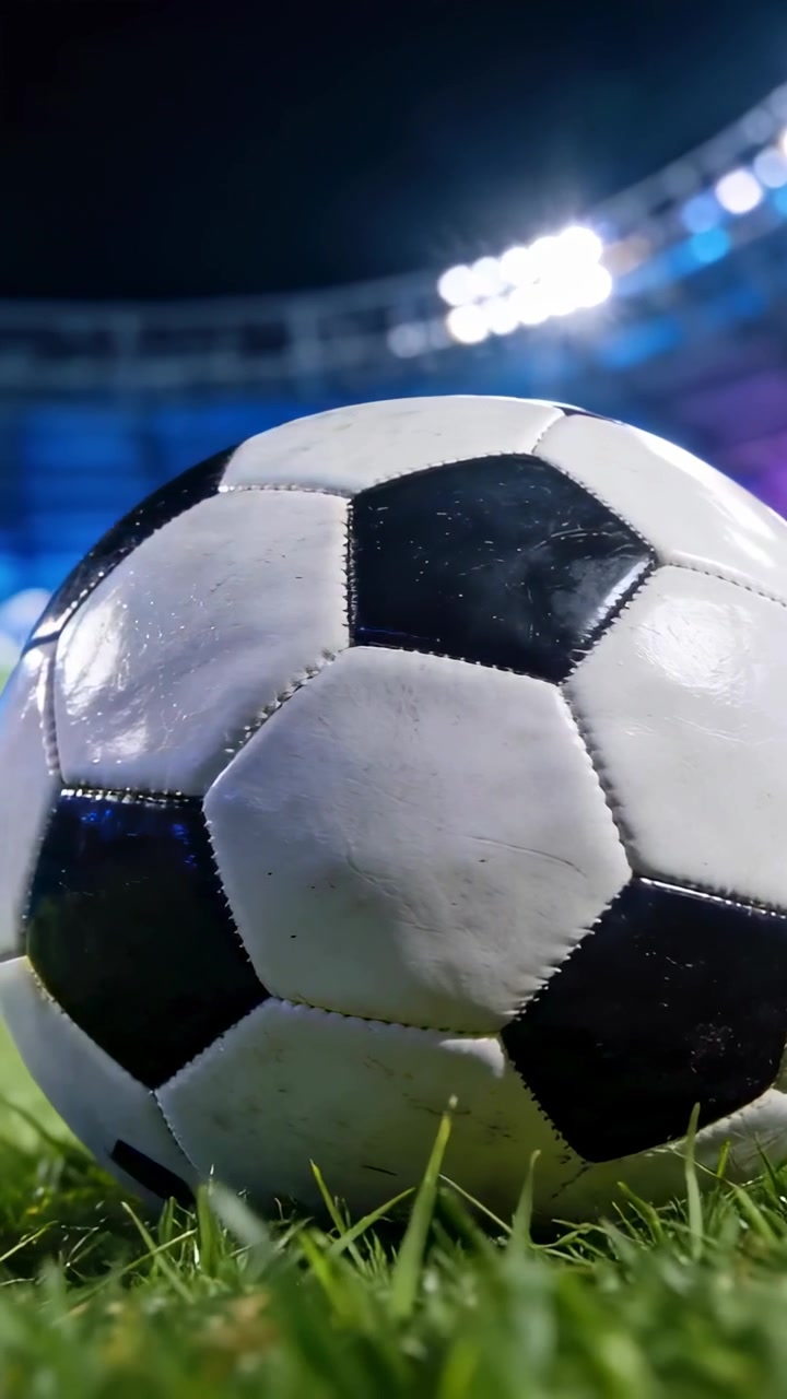 Dikey video: Kamerayı yukarı doğru iterek çim sahada siyah-beyaz bir futbol topunu gösteriyor, ışıkları ortaya çıkarıyor.