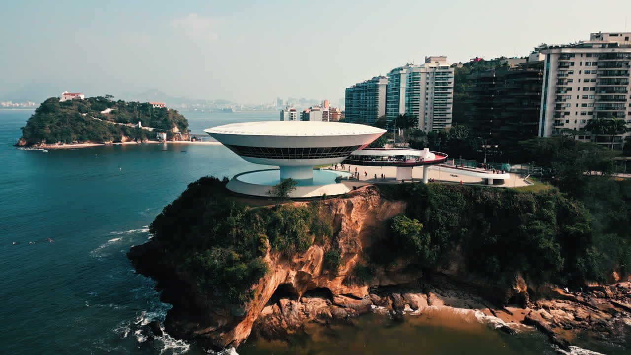 Niterói Contemporary Art Museum, Rio de Janeiro Brazil aerial coastline