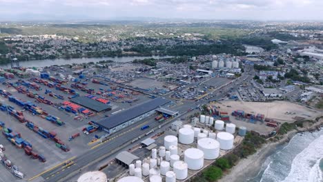 aerial drone shot at the port of haina, dominican republic