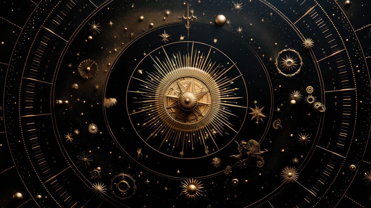 Aerial view of a celestial-themed design with golden astrological symbols on a dark background