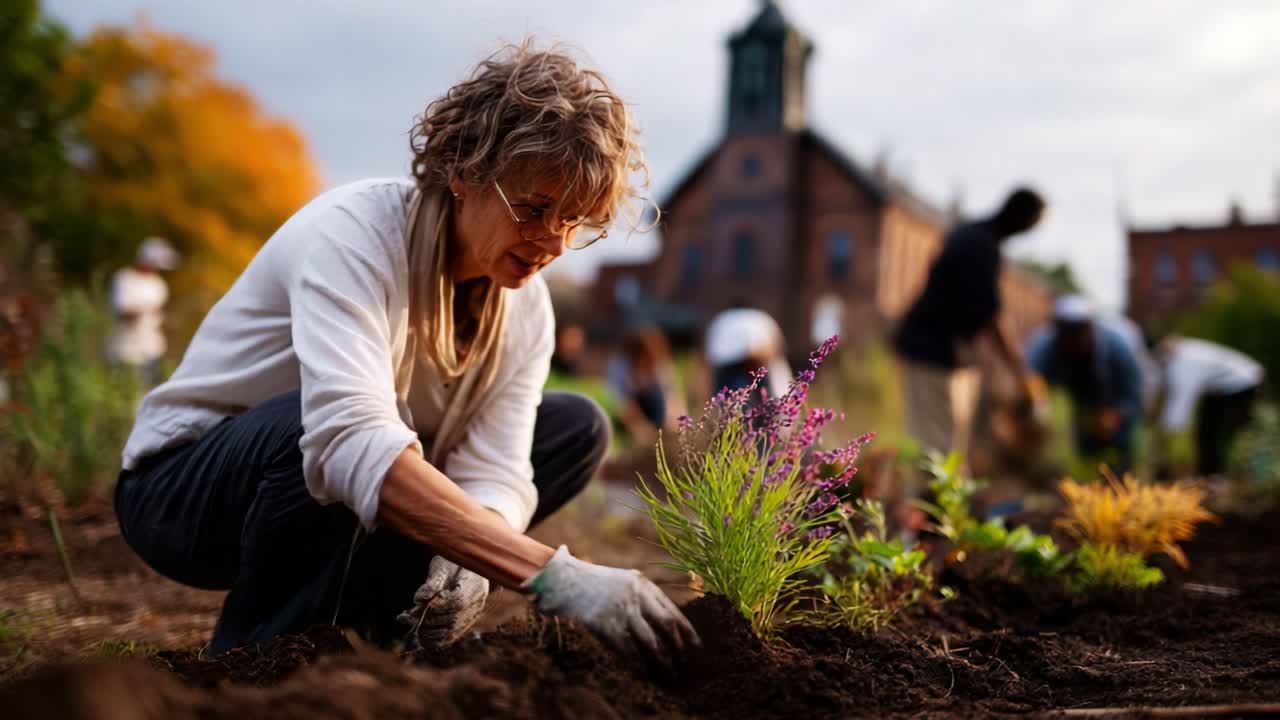 Dedicated Volunteer Tends to Newly Planted Flora, Nurturing Growth in Community Garden While Others Assist Nearby, Under Cloudy Sky with Historic Building in Background