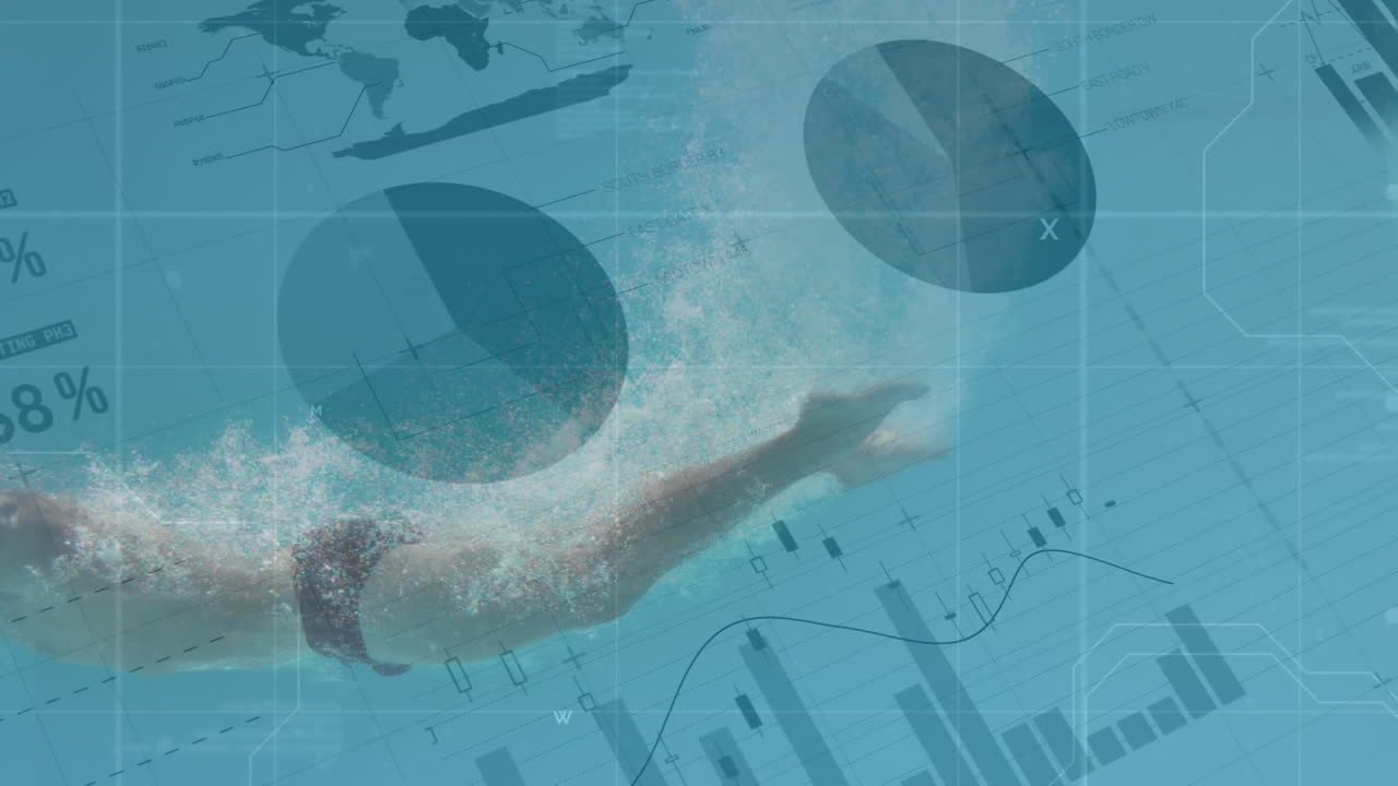 바 차트, 다이어그램 및 곡선이 배경으로 움직이는 동안 수영장에서 수영하는 사람