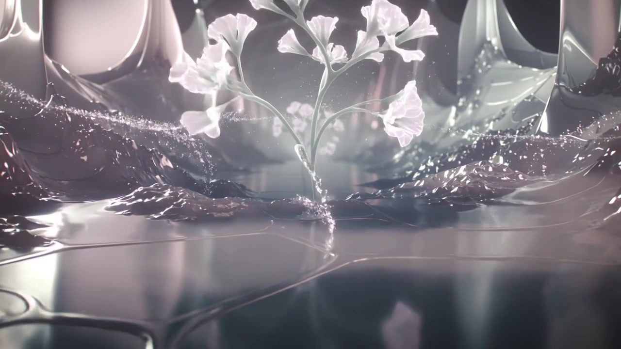 Responding to rising backlight, translucent white flower unfurling stem and petals in metal cavern