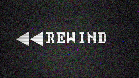 vintage monitor displays "rewind" icon glitching on retro vhs screen