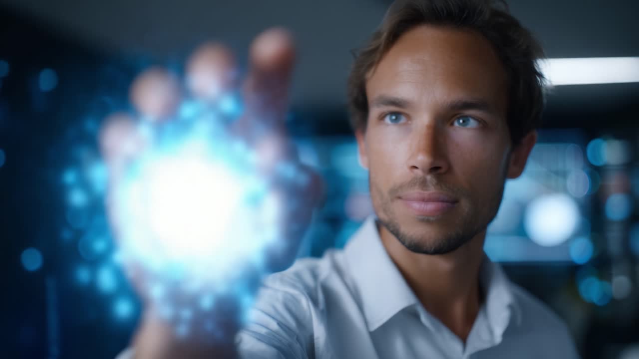 Un individuo concentrato interagisce con un'interfaccia digitale che mostra visualizzazioni di dati avanzate e tecnologia interattiva in un ambiente analitico moderno.
