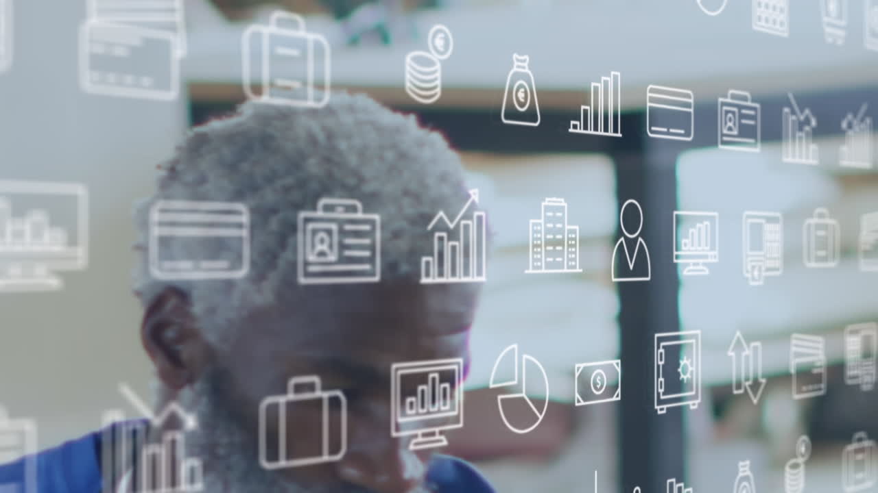 animación de varios iconos de inversión contra el hombre maduro africano que trabaja en el taller