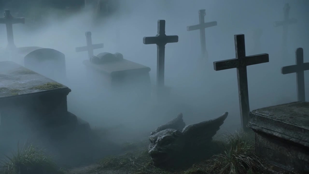 Telecamera in movimento che mostra bare di pietra muschiose in un cimitero, con nebbia che sale intorno a un gargoyle caduto e croci.