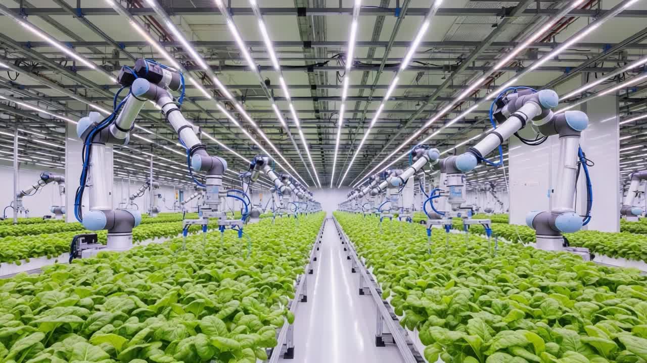Automated Hydroponic Farm with Robotic Arms Cultivating Fresh Greens in a Futuristic Indoor Vertical Agriculture Setup