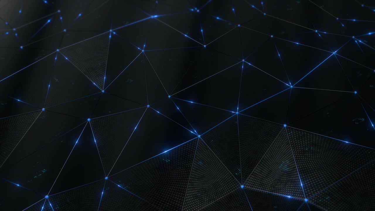 Futuristic dark polygonal network with glowing blue nodes and lines