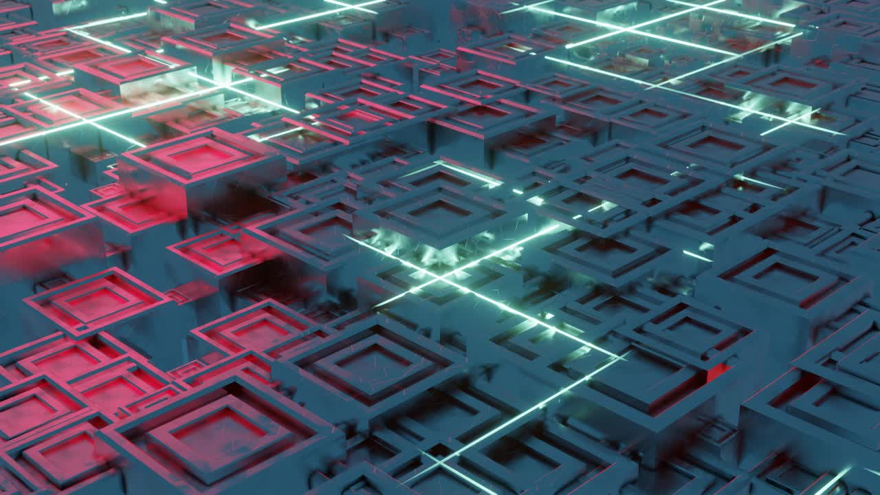 Futuristic sci-fi metal shapes and neon glowing lights. Sci-fi technology background. 3D rendering animation