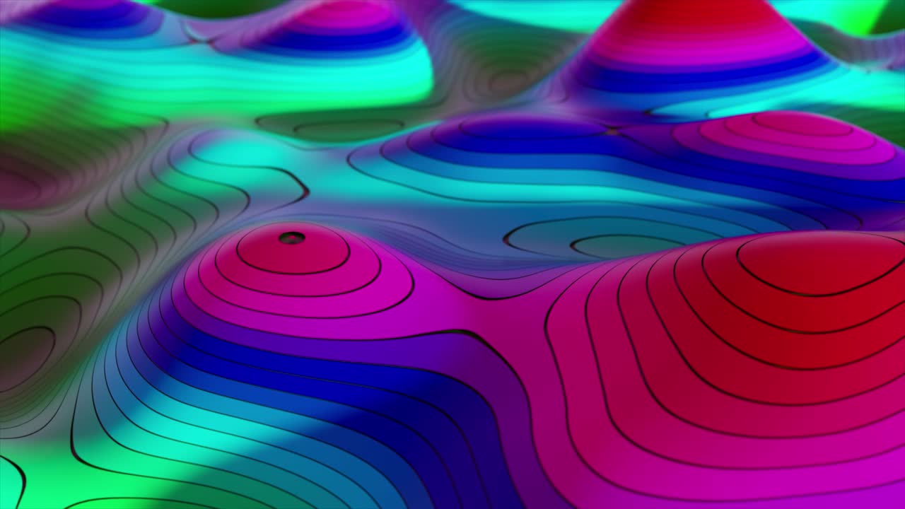 fondo abstracto del concepto de mapa topográfico. rayas del mapa de contorno. valles y montañas. concepto de geografía. telón de fondo ondulado. luz de neón mágica línea de remolino curvo. animación 3d de bucle sin costuras