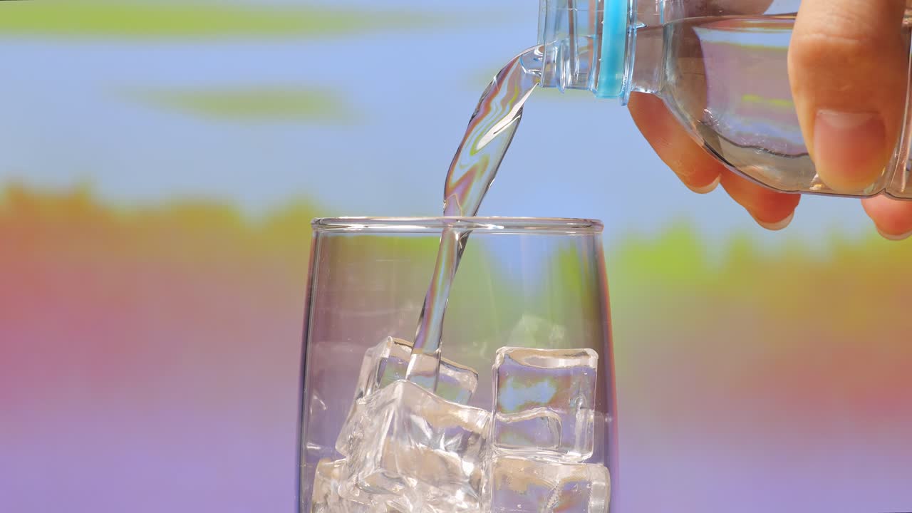 얼음 이 있는 컵 에 물 을 부어 넣는 것