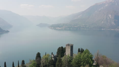 medieval castle in vezio, on lake como in italy, from a drone