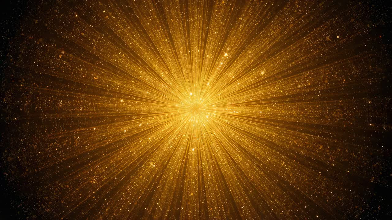 Pulsing central golden core sending radial beams outward in dark gradient, with sparkles
