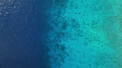 Drone-top-down-overview-pan-across-sandy-drop-off-point-of-sparkling-Caribbean-ocean-water