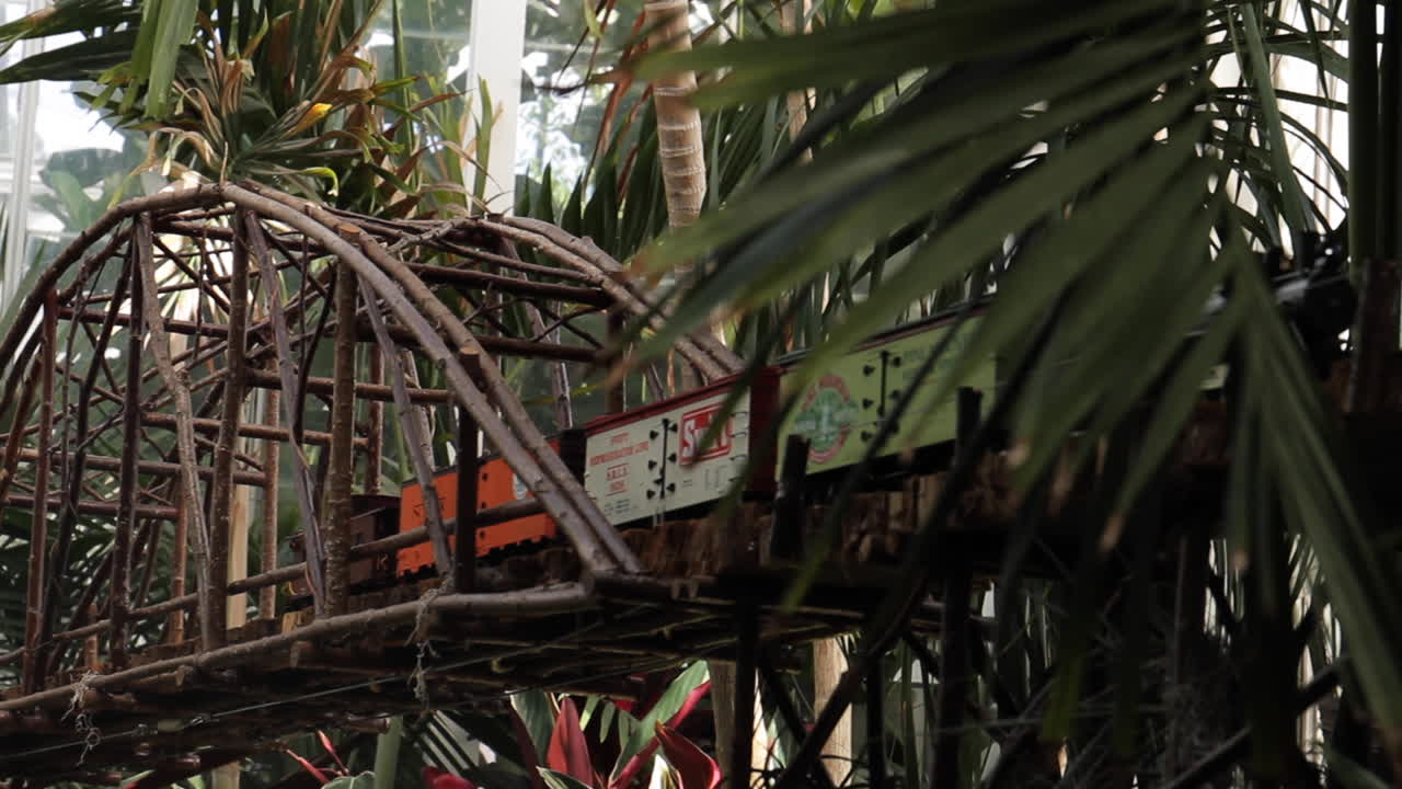 Model Train on a Wooden Bridge in a Greenhouse