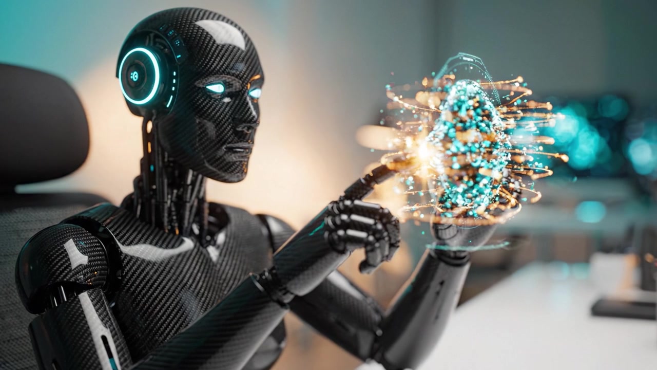 A futuristic robot analyzing data and information with a holographic display, showcasing advanced technology and artificial intelligence capabilities in a modern workspace.