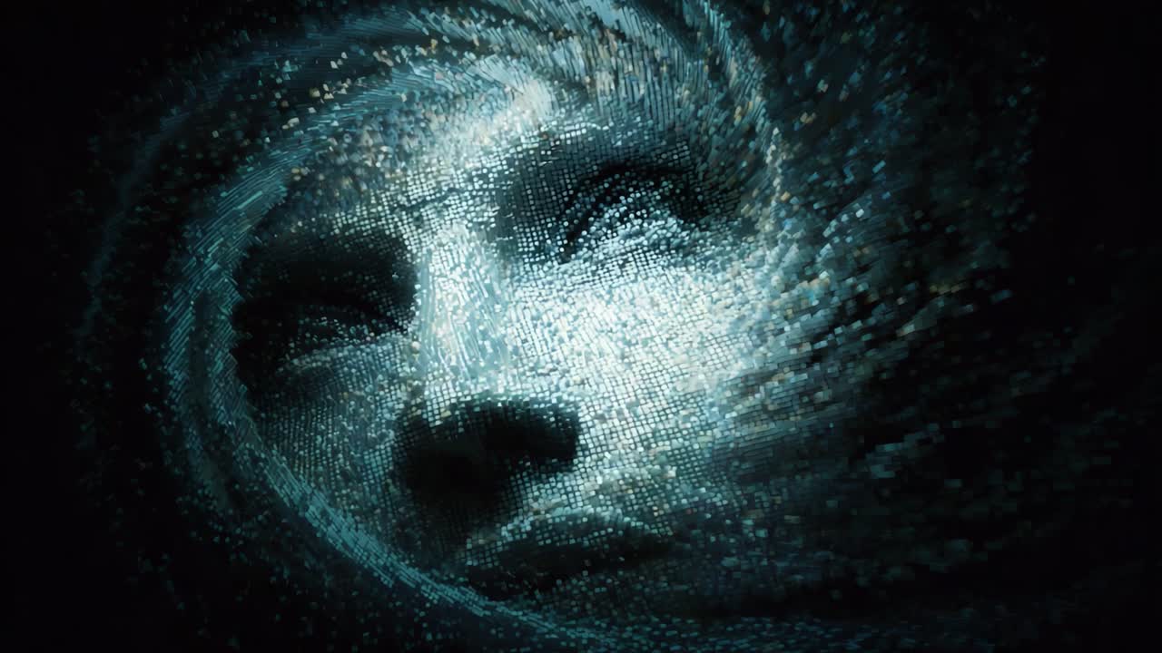 A mesmerizing exploration of digital transformation, depicting a face emerging from a swirling mass of pixelated elements, evoking emotions of mystery and intrigue in a surreal environment