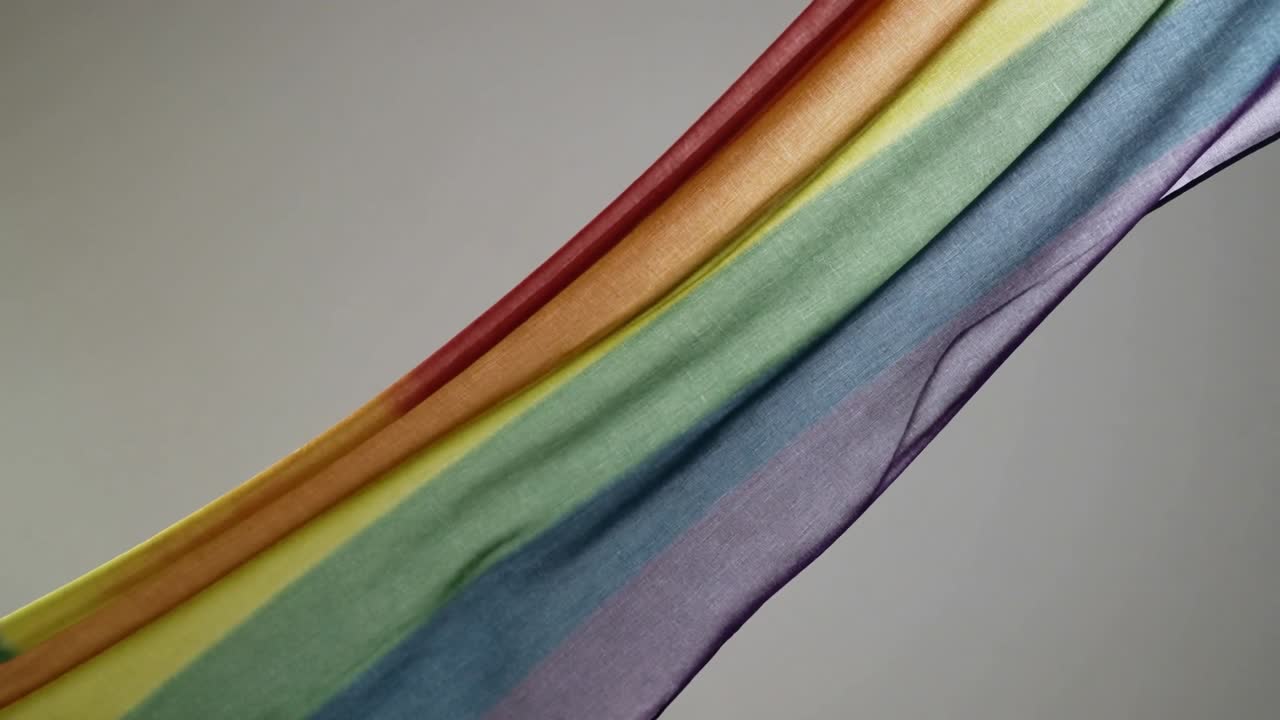 Tessuto arcobaleno trasparente che si muove ampiamente scorrendo in diagonale in studio, con il bordo che crea increspature.