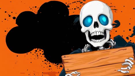 a cartoon skeleton holding a wooden sign in front of an orange background